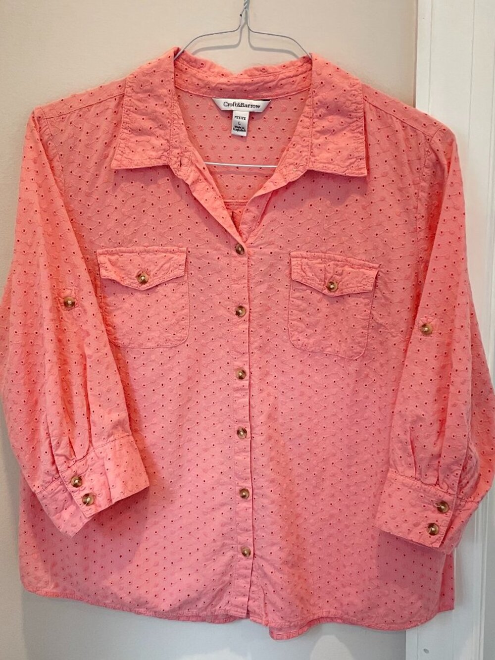Coral Pink Eyelet Petite Large Croft & Barrow Blouse 100% Cotton